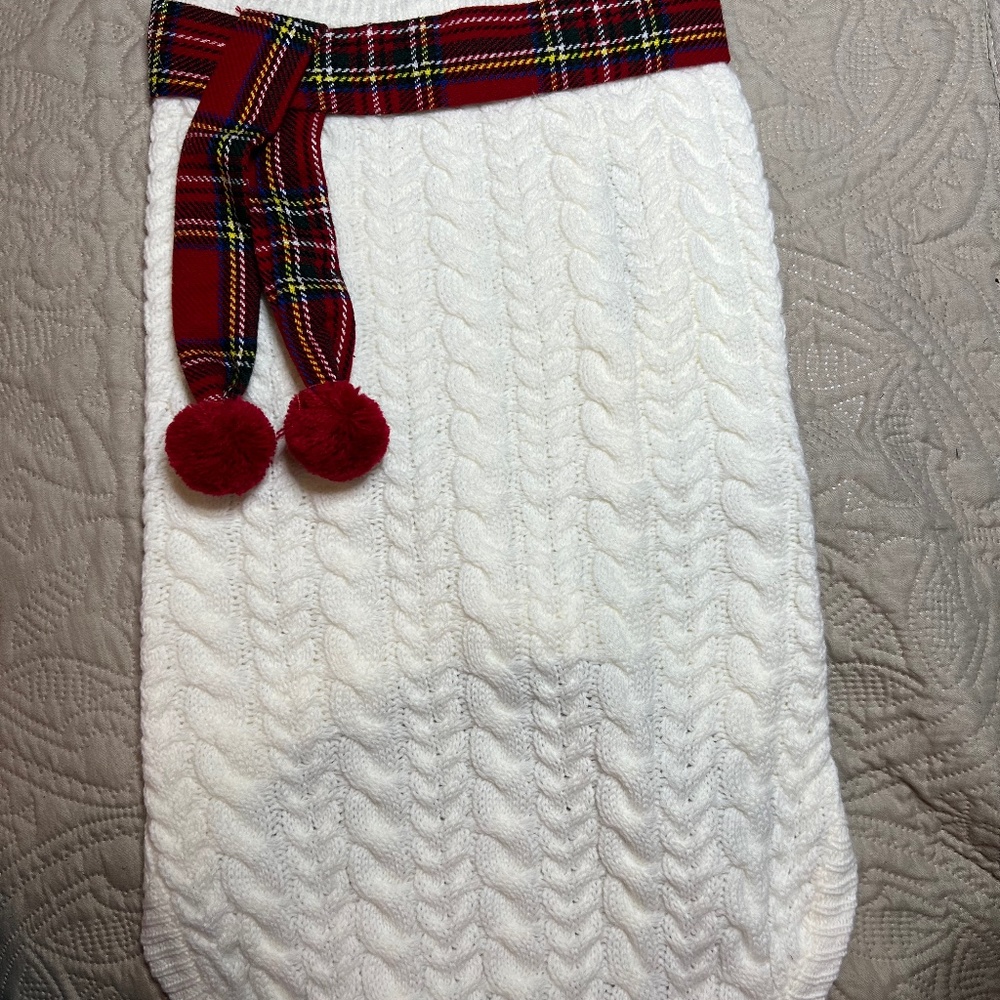 Christmas Dog Sweater in Cream with Red Plaid Scarf